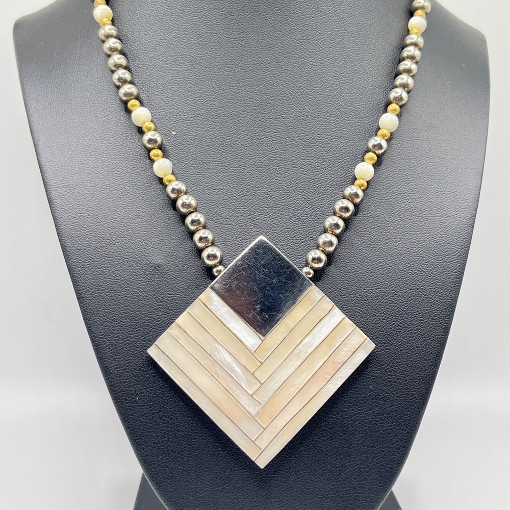Karla Jordan Silver Tone Mosaic Mother Of Pearl Geometric Design Necklace READ